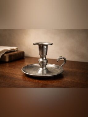 Vintage Early American Pewter by Web Candlestick Candle Holder w/ Finger Loop